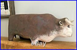 Large studio art ceramic sculpture of a bull, painted & artist's initals