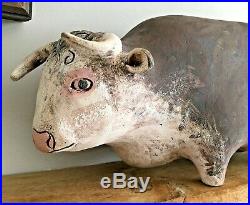 Large studio art ceramic sculpture of a bull, painted & artist's initals