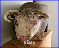 Large studio art ceramic sculpture of a bull, painted & artist's initals