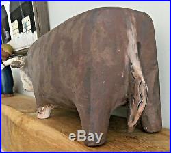 Large studio art ceramic sculpture of a bull, painted & artist's initals