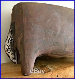 Large studio art ceramic sculpture of a bull, painted & artist's initals