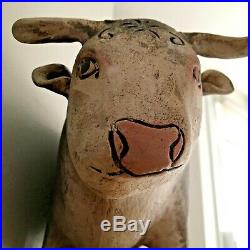 Large studio art ceramic sculpture of a bull, painted & artist's initals