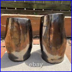 Leslie Raku Studio Art Pottery Pinched Vase Set Abstract Bronze Iridescent Glaze