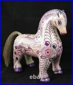 Lg Mexican Ceramic Horse Fine Folk Art Collectible Pablo Pajarito Tonala Purple