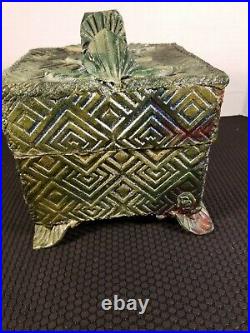 Lidded Box Ceramic Handmade Geometric Art Deco Iridescent Finish Signed Pottery