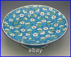 Longwy France Majolica Faience Cake Stand Tazza Turquoise Floral Antique