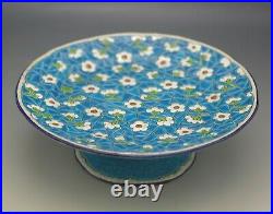 Longwy France Majolica Faience Cake Stand Tazza Turquoise Floral Antique