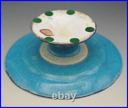 Longwy France Majolica Faience Cake Stand Tazza Turquoise Floral Antique