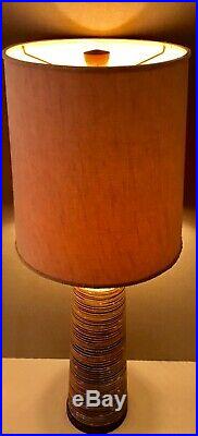 MCM Art Pottery & Walnut Table Lamp & Vintage Shade Bitossi/Martz Era 35.5 in. H