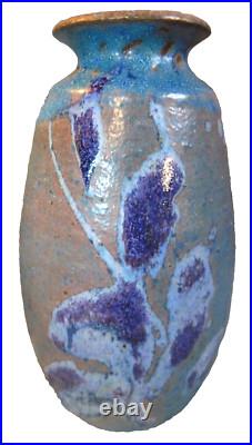 MCM Blue Glazed Art Pottery Vase With K In A Circle & Kui8 1/2 Tall