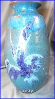 MCM Blue Glazed Art Pottery Vase With K In A Circle & Kui8 1/2 Tall