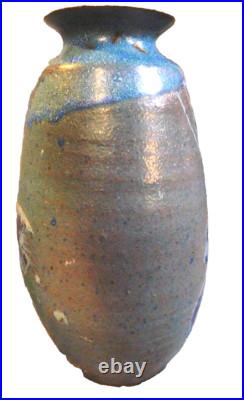 MCM Blue Glazed Art Pottery Vase With K In A Circle & Kui8 1/2 Tall