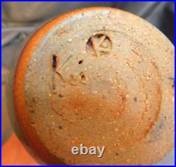 MCM Blue Glazed Art Pottery Vase With K In A Circle & Kui8 1/2 Tall