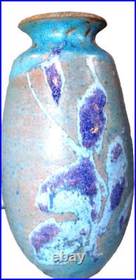 MCM Blue Glazed Art Pottery Vase With K In A Circle & Kui8 1/2 Tall