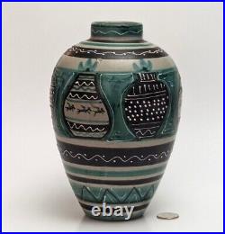 MCM Italy Art Pottery Ceramic Vase Slip Decoration Turquoise Horses Vtg RARE