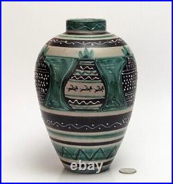 MCM Italy Art Pottery Ceramic Vase Slip Decoration Turquoise Horses Vtg RARE