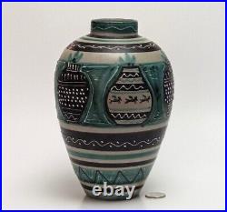 MCM Italy Art Pottery Ceramic Vase Slip Decoration Turquoise Horses Vtg RARE