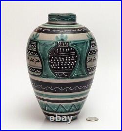 MCM Italy Art Pottery Ceramic Vase Slip Decoration Turquoise Horses Vtg RARE