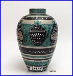 MCM Italy Art Pottery Ceramic Vase Slip Decoration Turquoise Horses Vtg RARE