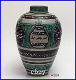 MCM Italy Art Pottery Ceramic Vase Slip Decoration Turquoise Horses Vtg RARE