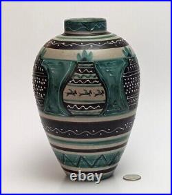 MCM Italy Art Pottery Ceramic Vase Slip Decoration Turquoise Horses Vtg RARE