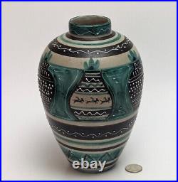 MCM Italy Art Pottery Ceramic Vase Slip Decoration Turquoise Horses Vtg RARE