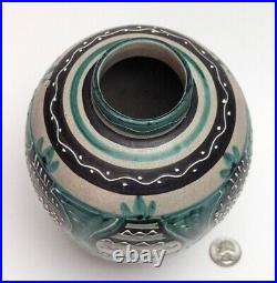 MCM Italy Art Pottery Ceramic Vase Slip Decoration Turquoise Horses Vtg RARE