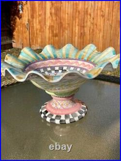 MacKenzie Childs Ceramic Pedestal Bowl Fluted Rim Odd Fellows