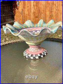 MacKenzie Childs Ceramic Pedestal Bowl Fluted Rim Odd Fellows