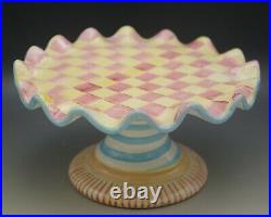 Mackenzie Childs Wallcourt Ceramic Pink Check Stripe Pedestal Fluted Cake Stand