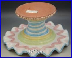 Mackenzie Childs Wallcourt Ceramic Pink Check Stripe Pedestal Fluted Cake Stand