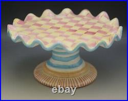 Mackenzie Childs Wallcourt Ceramic Pink Check Stripe Pedestal Fluted Cake Stand