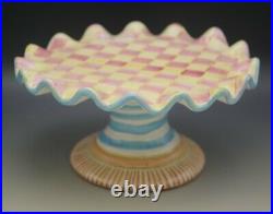 Mackenzie Childs Wallcourt Ceramic Pink Check Stripe Pedestal Fluted Cake Stand