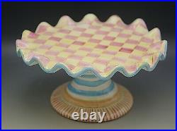 Mackenzie Childs Wallcourt Ceramic Pink Check Stripe Pedestal Fluted Cake Stand