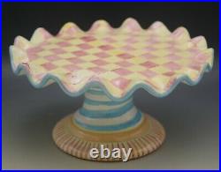 Mackenzie Childs Wallcourt Ceramic Pink Check Stripe Pedestal Fluted Cake Stand