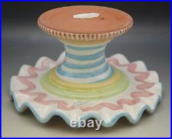 Mackenzie Childs Wallcourt Ceramic Pink Check Stripe Pedestal Fluted Cake Stand