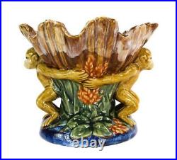 Majolica Ceramic Art Pottery Monkey Sea Shell Centerpiece Fruit Bowl