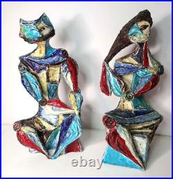 Marcello Fantoni Cubist Statue Pair c 1955 MCM Italy Art Pottery