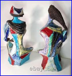 Marcello Fantoni Cubist Statue Pair c 1955 MCM Italy Art Pottery