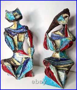 Marcello Fantoni Cubist Statue Pair c 1955 MCM Italy Art Pottery