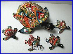 Mexican Art Talavera Pottery Ceramic Sea Turtle Mom Babies Figure Nautical 18