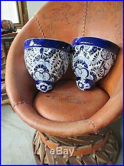 Mexican Art Talavera Pottery Ceramic Wall Planter Pocket Sconce Pair Blue 12
