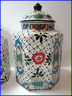 Mexican Art Talavera Pottery Kitchen Canister Jar Set of Three Large Ceramic