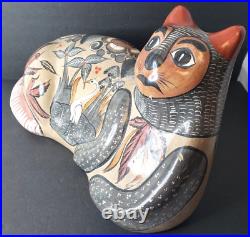 Mexican Folk Art Talavera Cat Pottery Ceramic Figure 21.5 Long