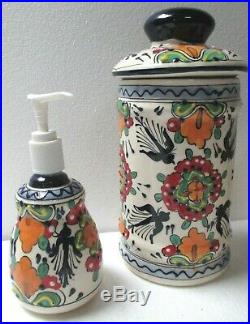 Mexican Folk Art Talavera Pottery Ceramic Blue Bird Bath Soap Canister Set
