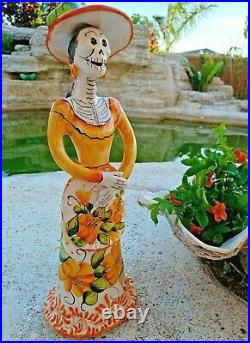 Mexican Pottery Catrina Figure Painted Ceramic Folk Art Day of Dead Large 22