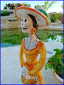 Mexican Pottery Catrina Figure Painted Ceramic Folk Art Day of Dead Large 22