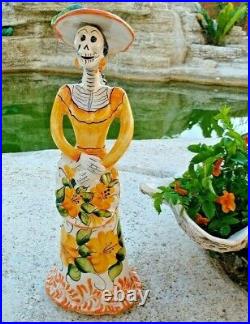 Mexican Pottery Catrina Figure Painted Ceramic Folk Art Day of Dead Large 22