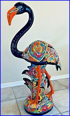 Mexican Talavera Flamingo Bird Pottery Large 31 Figure Blue Folk Art Ceramic