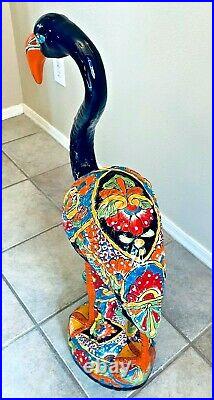 Mexican Talavera Flamingo Bird Pottery Large 31 Figure Blue Folk Art Ceramic